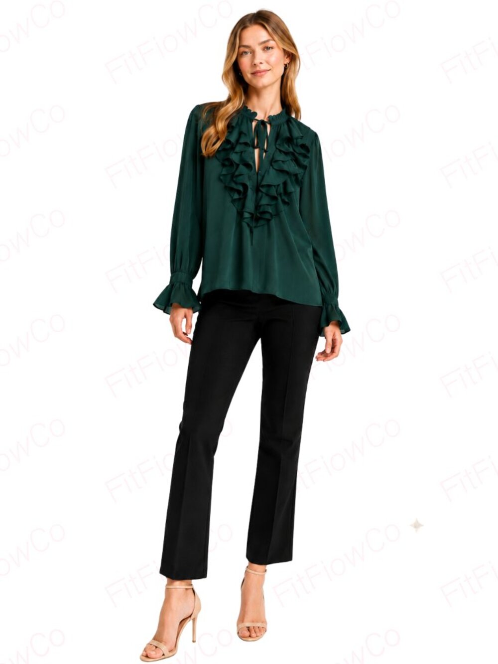 ZARA Forest Green Cascading Ruffle Blouse Women L Tie Neck Long Sleeve